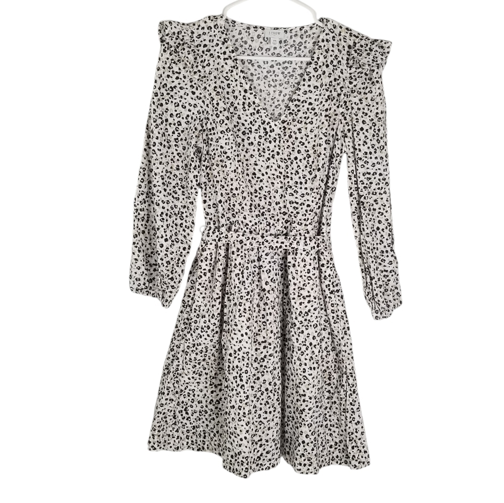 J. Crew Lightweight Cotton Puff Long Sleeve Cheetah Print Dress Xs Ruffles